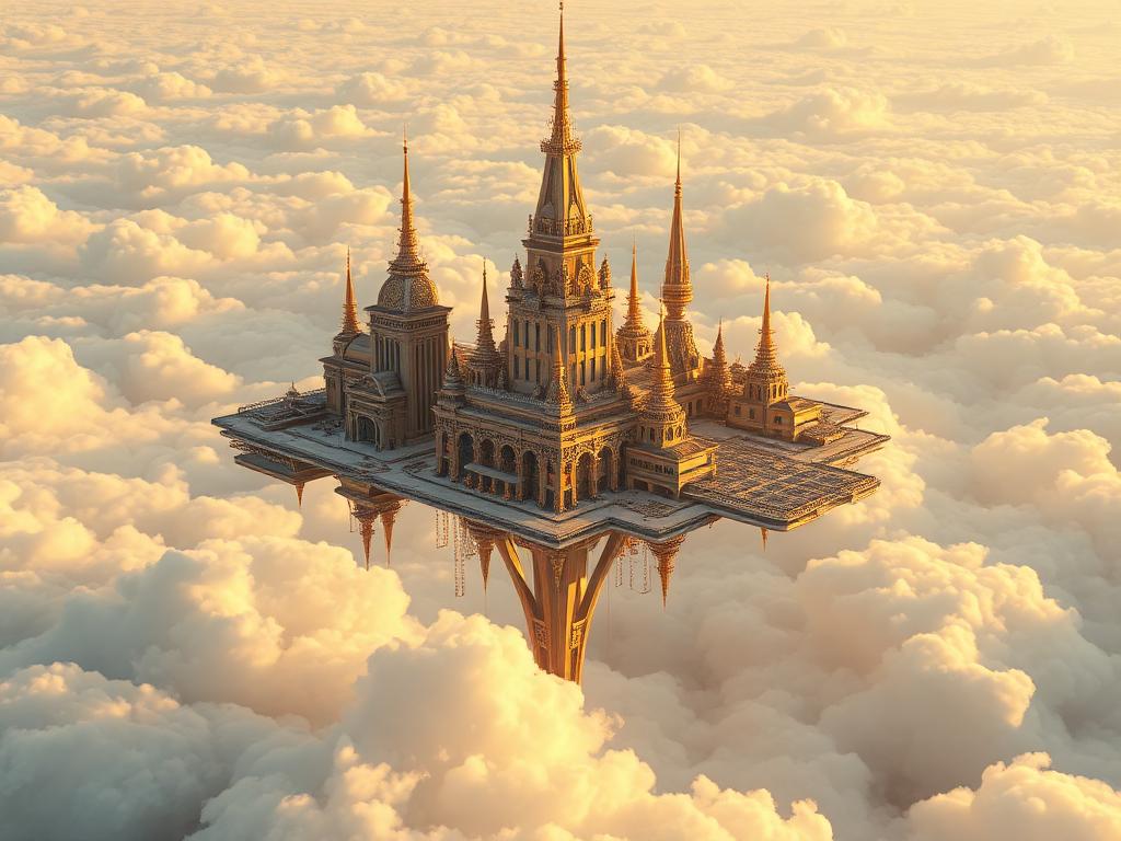 3D-рендер парящего города в облаках, золотой час, octane render, ультрадетализация